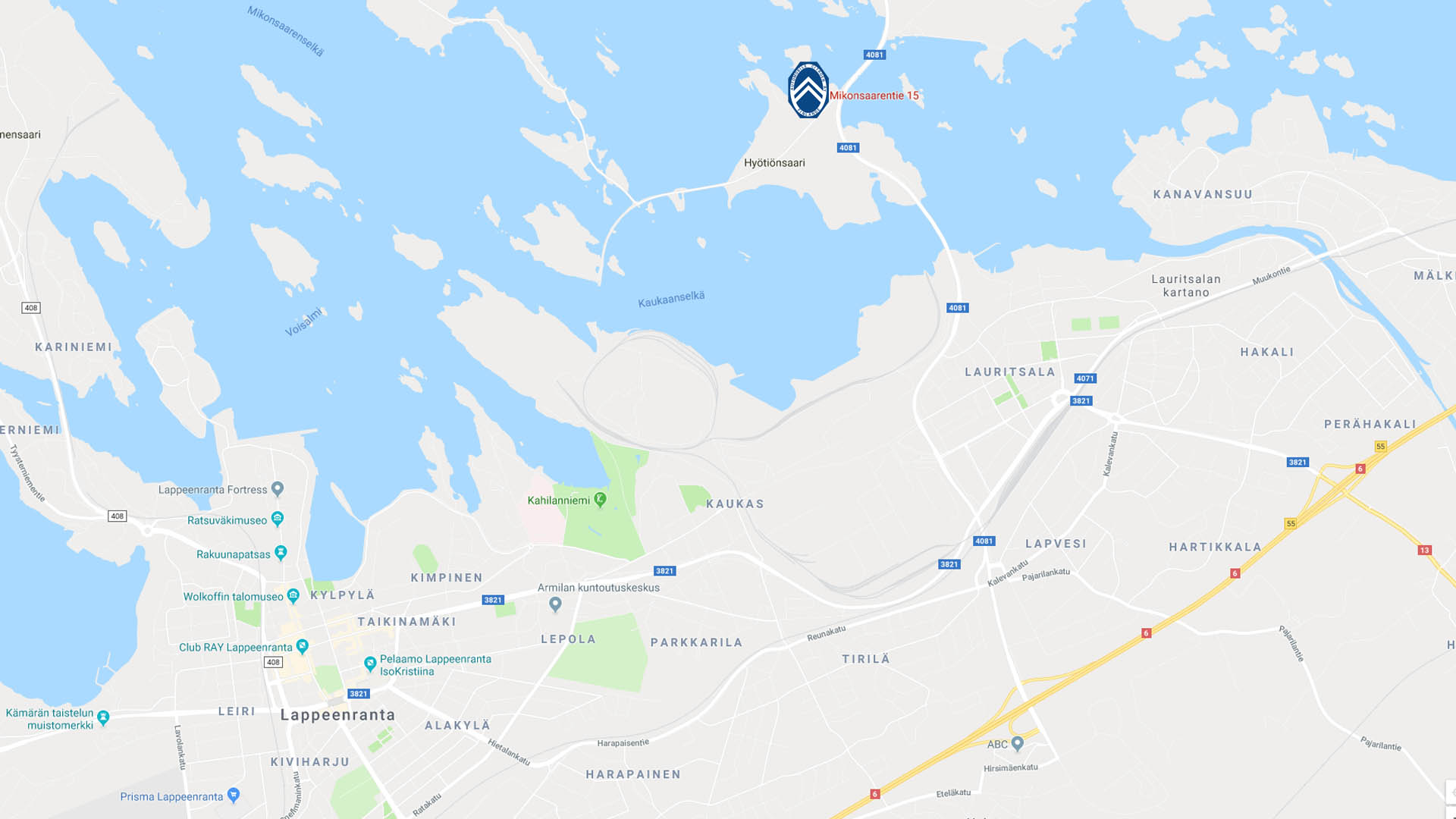 Karttaote Googe Maps -palvelusta n. Lappeenrannan kohdalta.